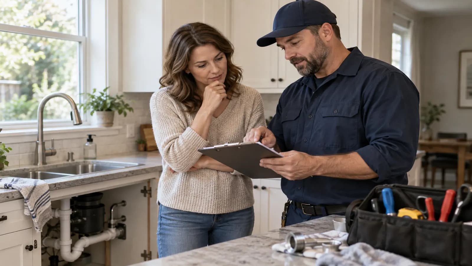 Homeowner reviewing a written plumbing estimate with a licensed plumber at a kitchen sink